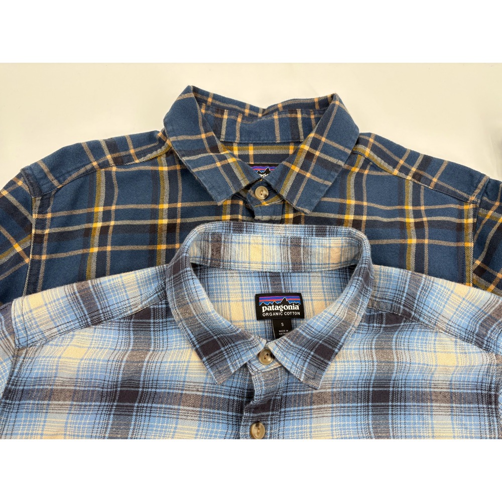 LOT (2) Patagonia Men's Fjord Flannel Blue Plaid Long Sleeve Button Up Shirts, S